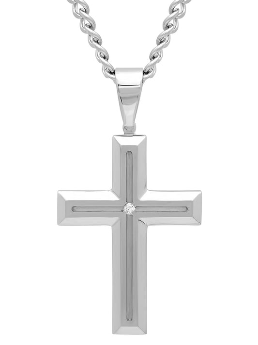 Mens Diamond Accent Stainless Steel Cross Pendant Necklace