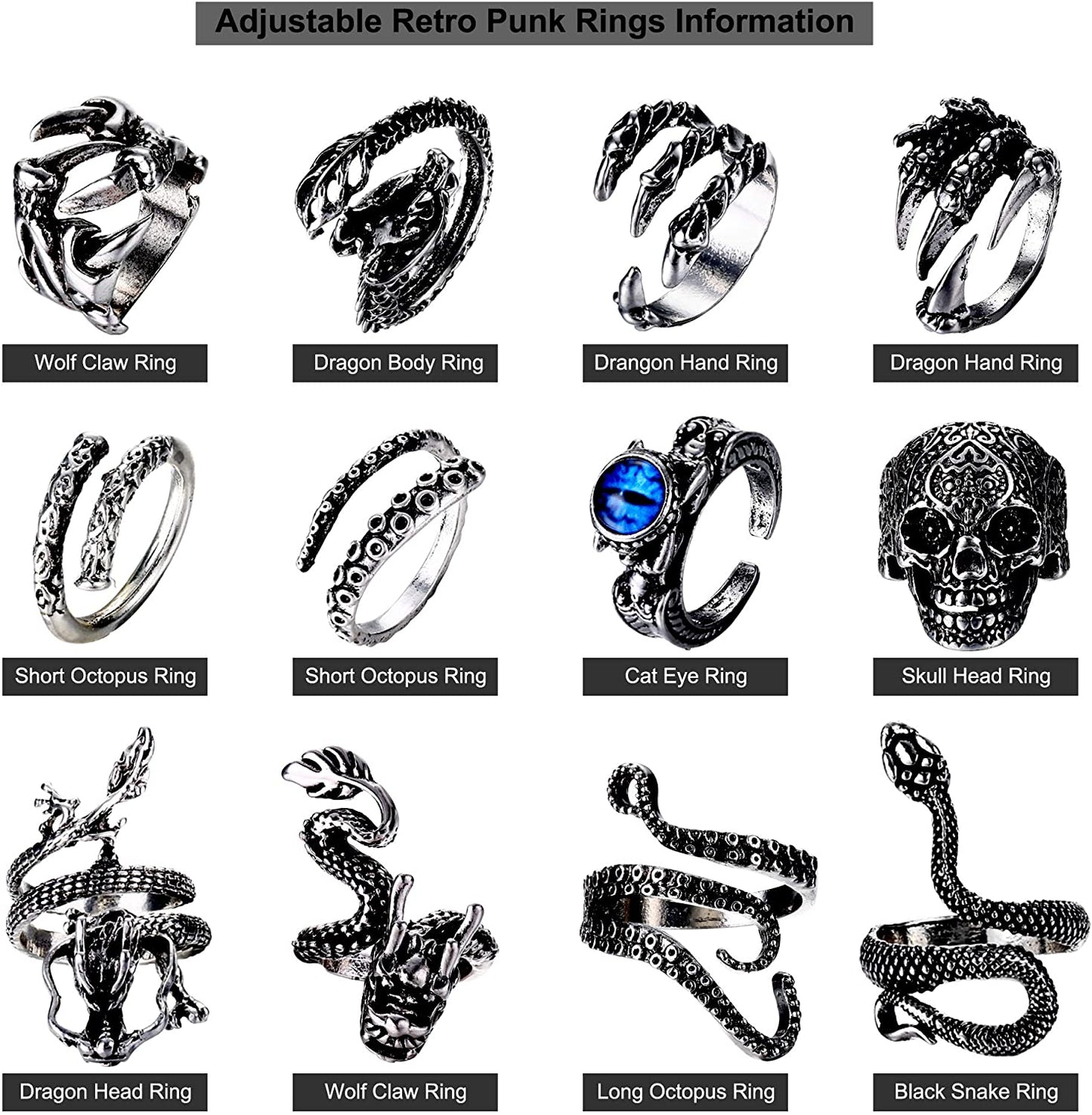 12 Pcs Vintage Punk Rings Octopus Dragon Snake Adjustable Cool Gothic Ring Set