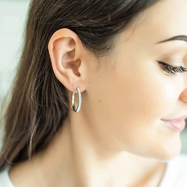 18k White Gold Hoop Earrings with Crystals Rose Gold Female