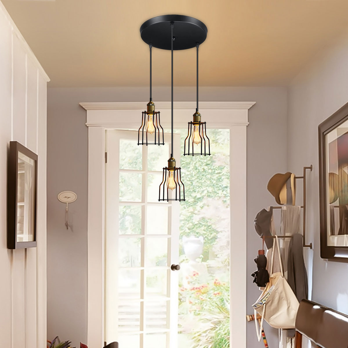 Industrial 3-Light Pendant Light w/ Metal Cage Shade, Black