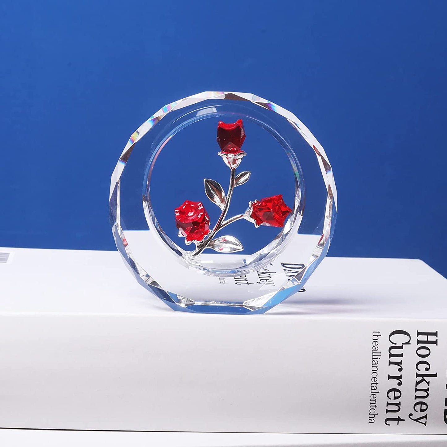 Crystal Tulips Flower Figurines with a Outer Circular Ring for Home Decoration (Ruby)