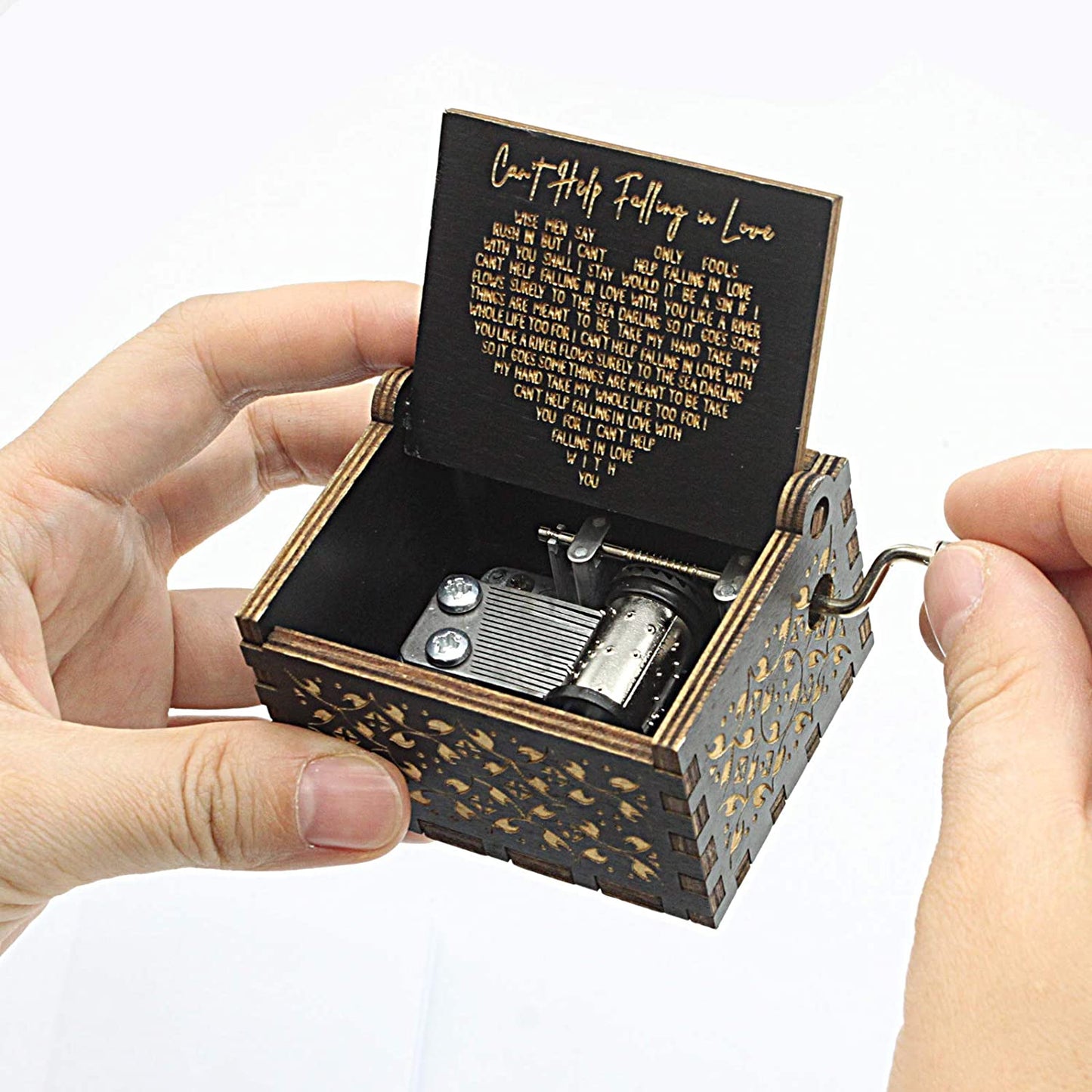 Can't Help Falling in Love Wood Music Box, Antique Engraved Best Gift fort Valentines Day (BLACK)