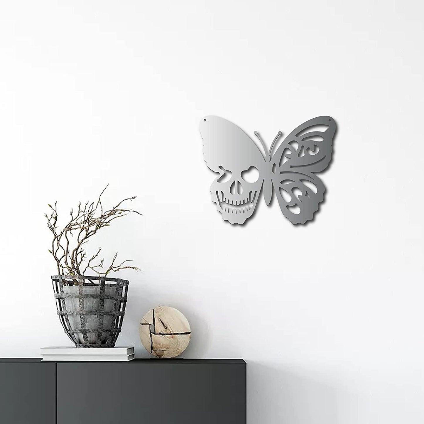 Large Silver Skull Metal Wall Art Butterfly Decoration 11.8 x 9.4 Inch