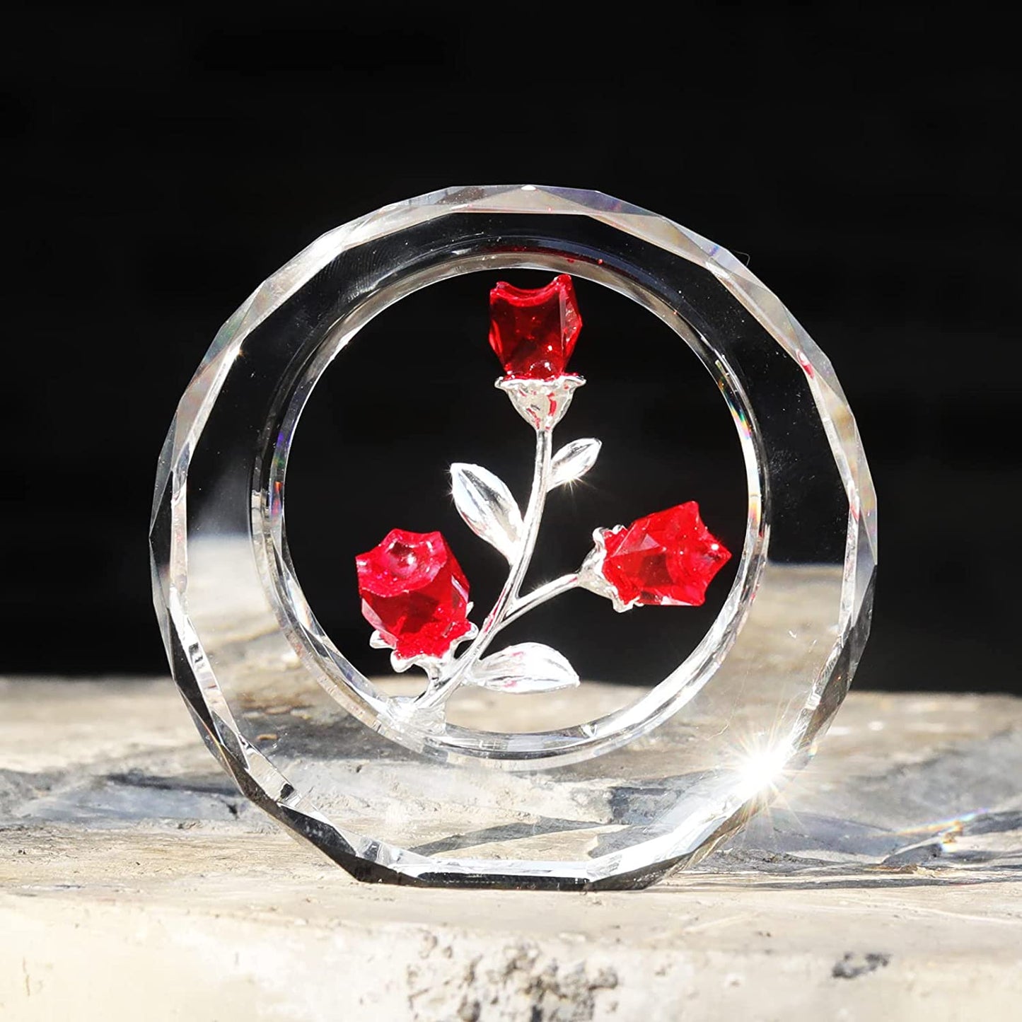 Crystal Tulips Flower Figurines with a Outer Circular Ring for Home Decoration (Ruby)