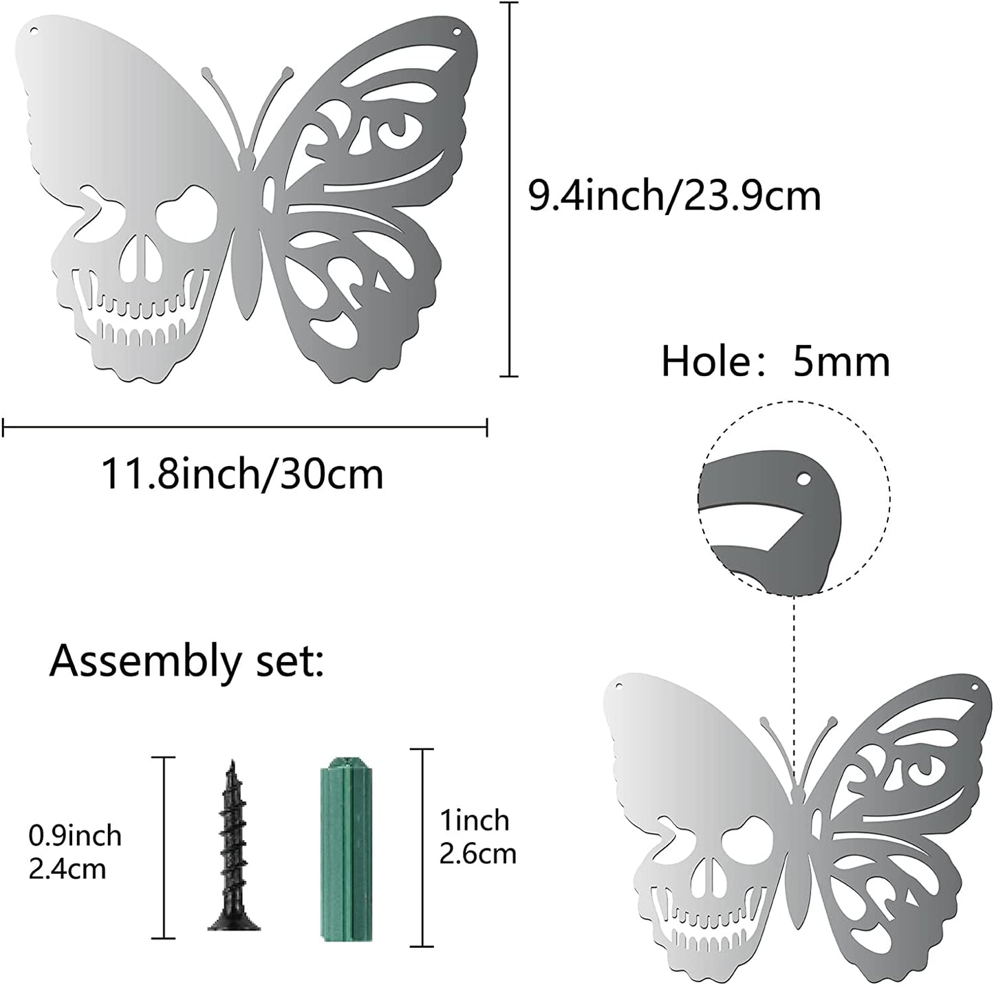 Large Silver Skull Metal Wall Art Butterfly Decoration 11.8 x 9.4 Inch