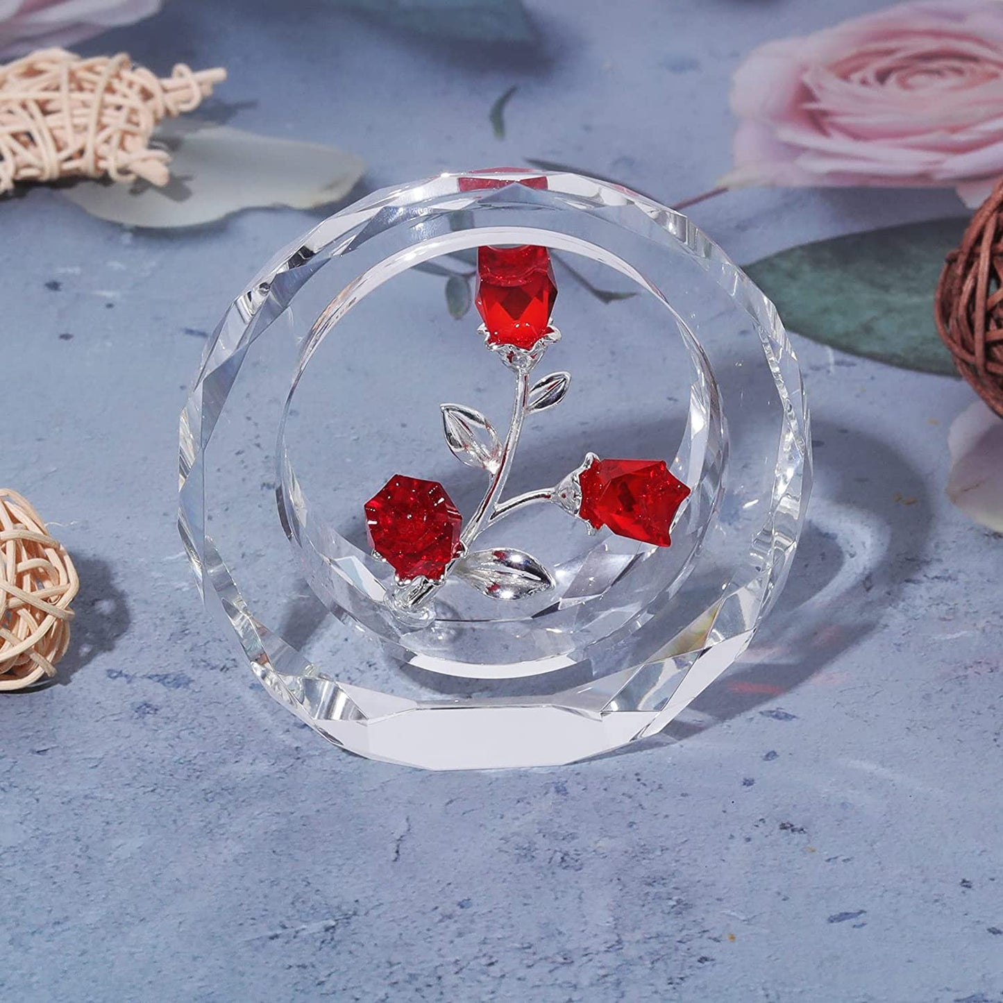 Crystal Tulips Flower Figurines with a Outer Circular Ring for Home Decoration (Ruby)