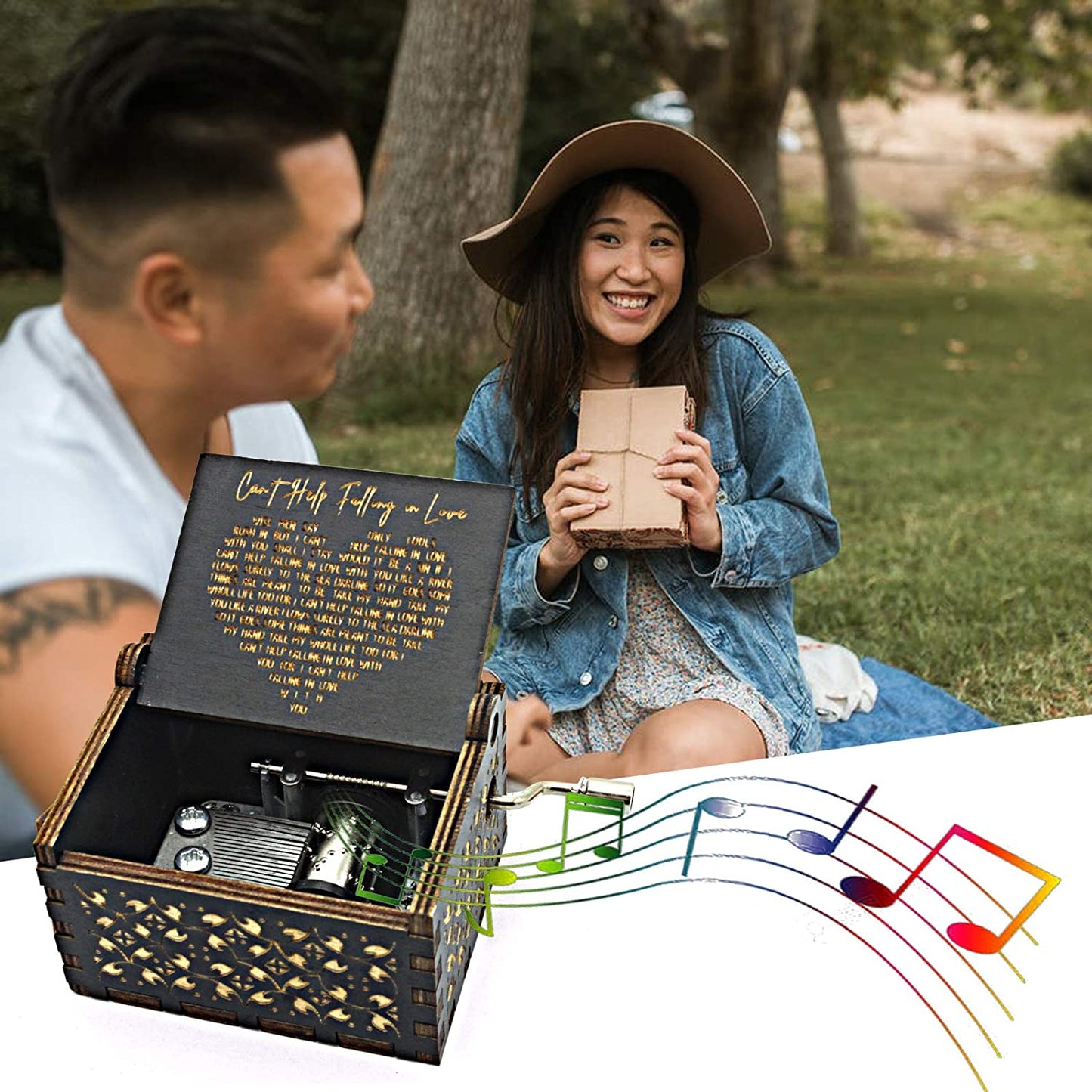 Can't Help Falling in Love Wood Music Box, Antique Engraved Best Gift fort Valentines Day (BLACK)
