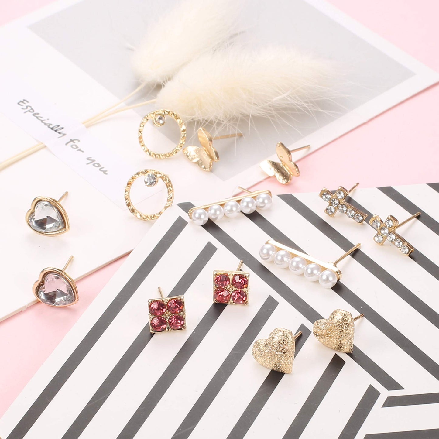 90 Pairs Assorted Multiple Small Stud Cute Bar Geometric Arrow Bow CZ Ball Faux Pearl Earrings Set