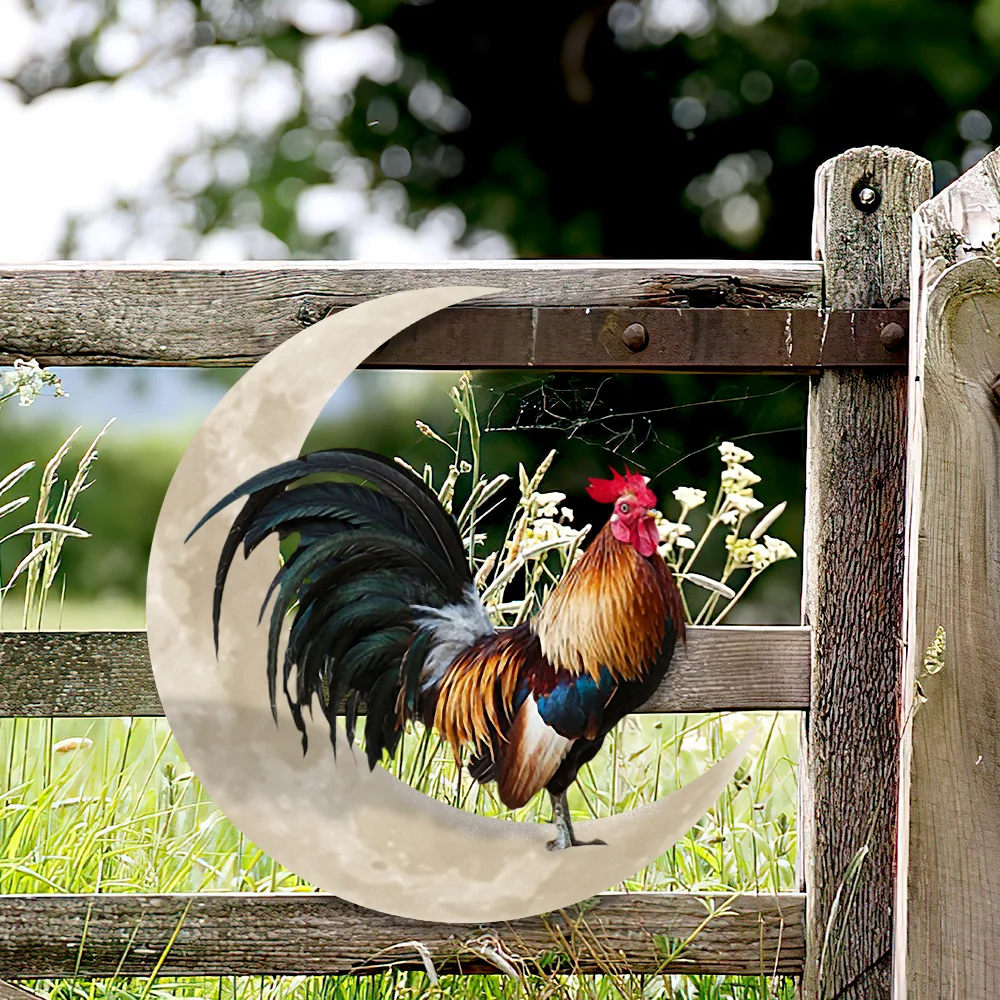 Metal Rooster & Moon Decoration