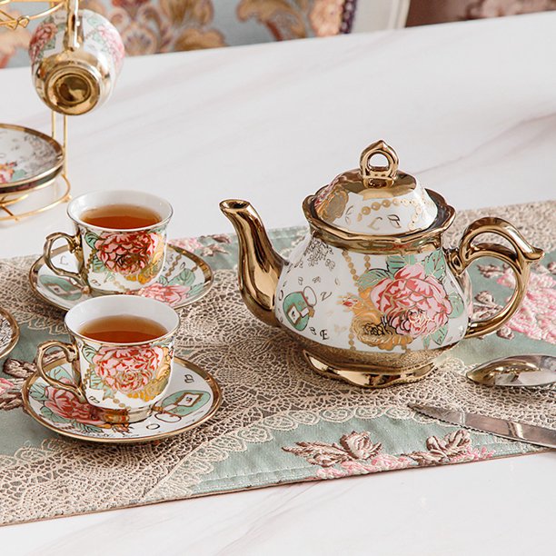 13 Pcs Cup Set,Ceramics Vintage Coffee Set - 6 Tea Cups 6 Saucers 1 Teapot &1 Golden Metal Stand