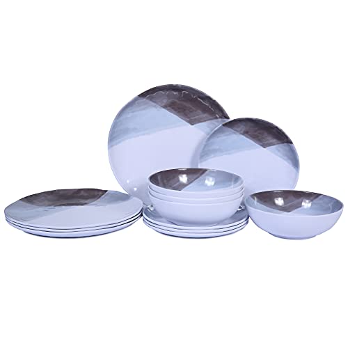 Melamine Plates & Bowls Set - 12pcs Dinnerware Sets for 4
