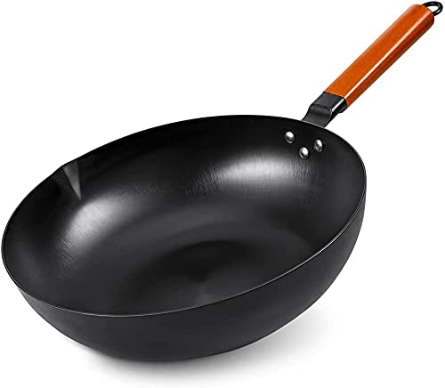 Natural Carbon Steel Wok Pan 12.5”, No Nonstick Coating 100% No Chemical Traditional Black Steel