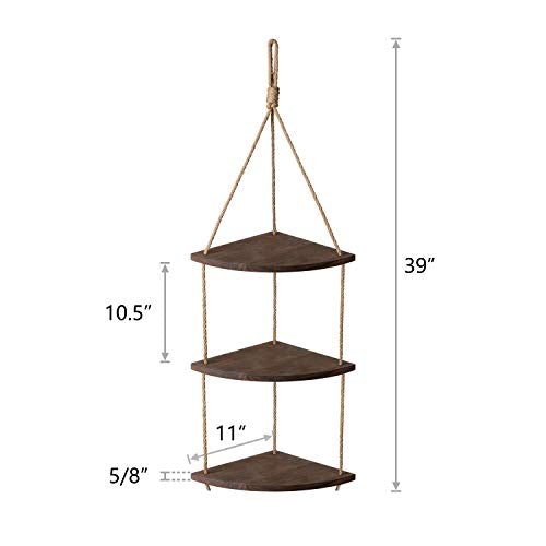 Hanging Corner Shelf 3 Tier Jute Rope Wood Wall Floating Shelves Rustic Organizer