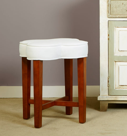 20.5" Tufted Upholstered Vanity Stool, White w/ Cherry Finish