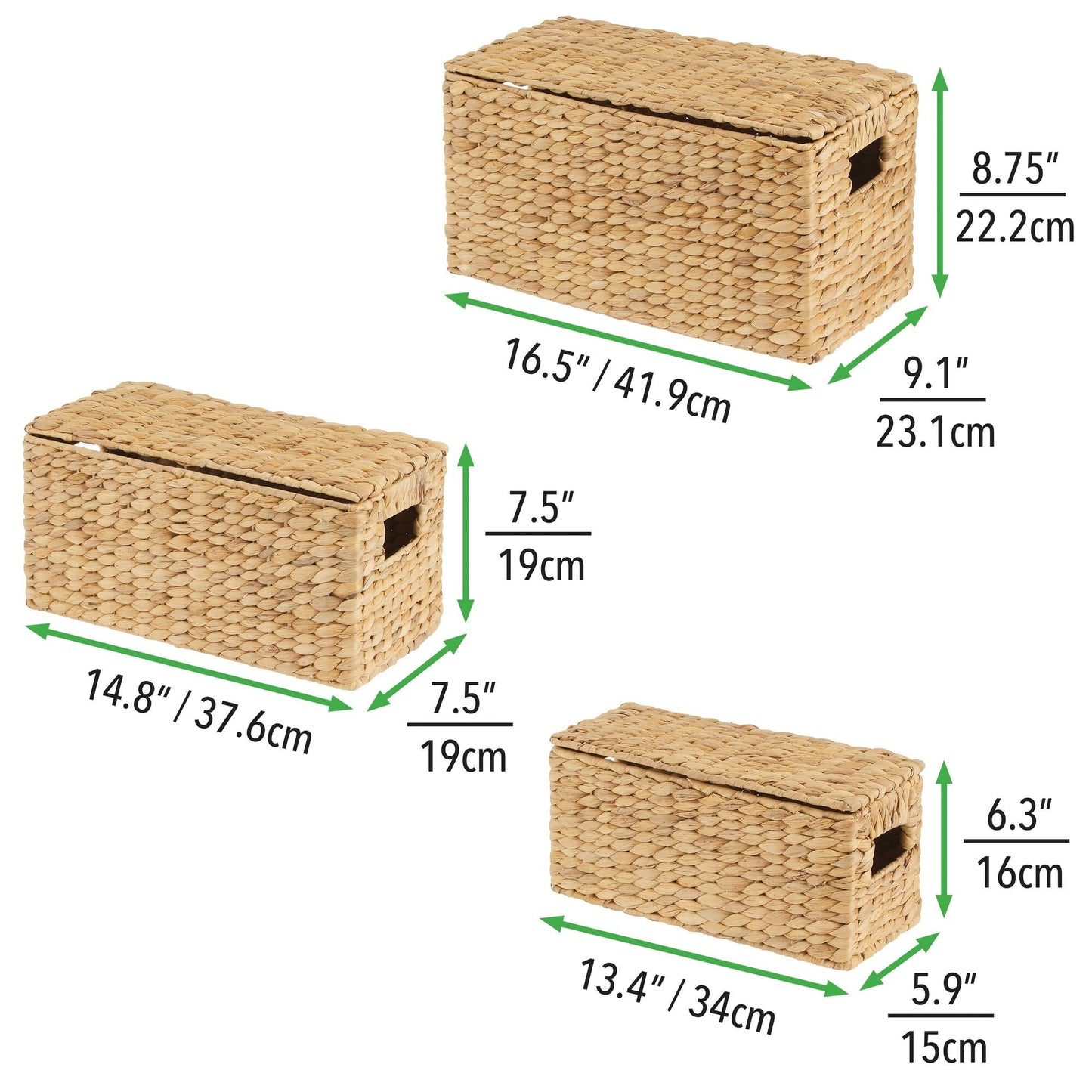 3 Natural Woven Water Hyacinth Organizer Basket Bin w/ Removable Lids