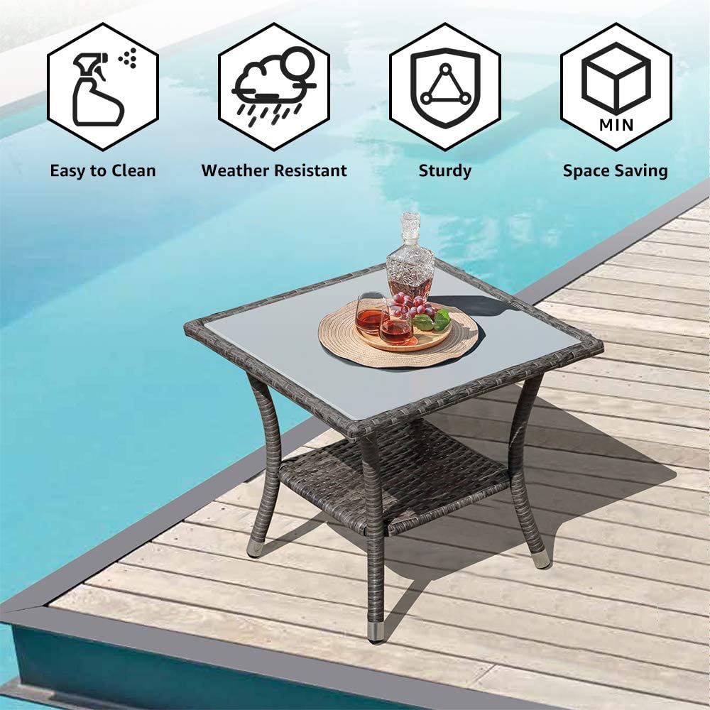 Square Glass Top Outdoor End Table Rattan