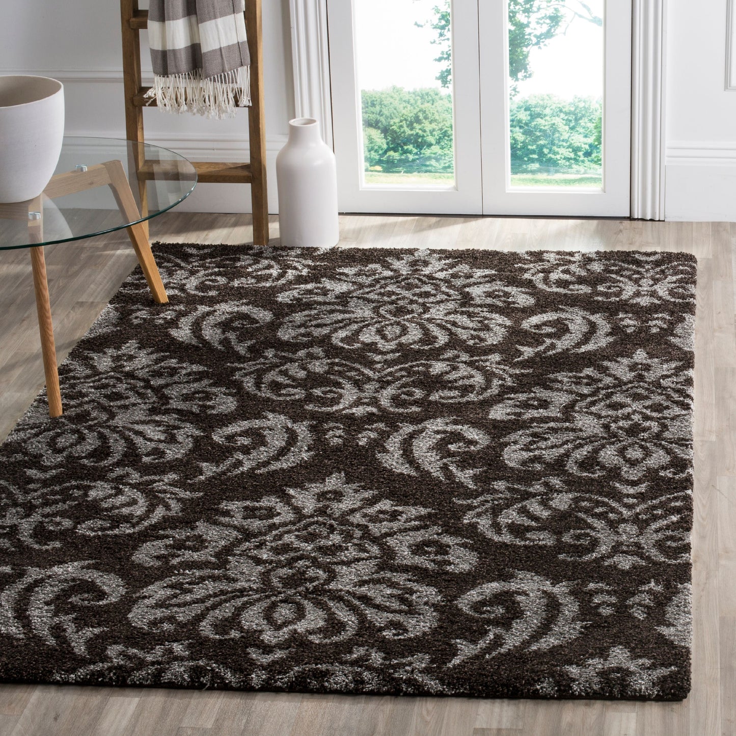 Florida Desmond Damask Plush Shag Area Rug, Dark Brown/Smoke, 3'3" x 5'3"