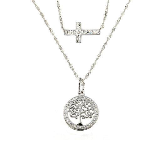 Fine Silver Plated Crystal Cross & Tree of Life Necklace Set