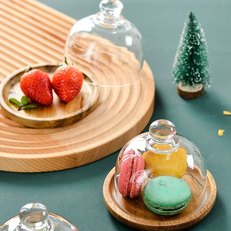 Clear Glass Dessert & Cheese Cloche Dome w/ Acacia Wood Serving Tray