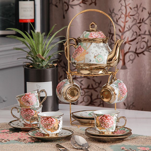 13 Pcs Cup Set,Ceramics Vintage Coffee Set - 6 Tea Cups 6 Saucers 1 Teapot &1 Golden Metal Stand