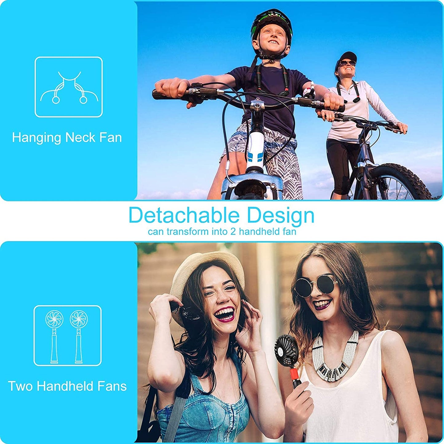 Upgraded Portable Fan, Hand Free w/ Removable Neck Hanging Design