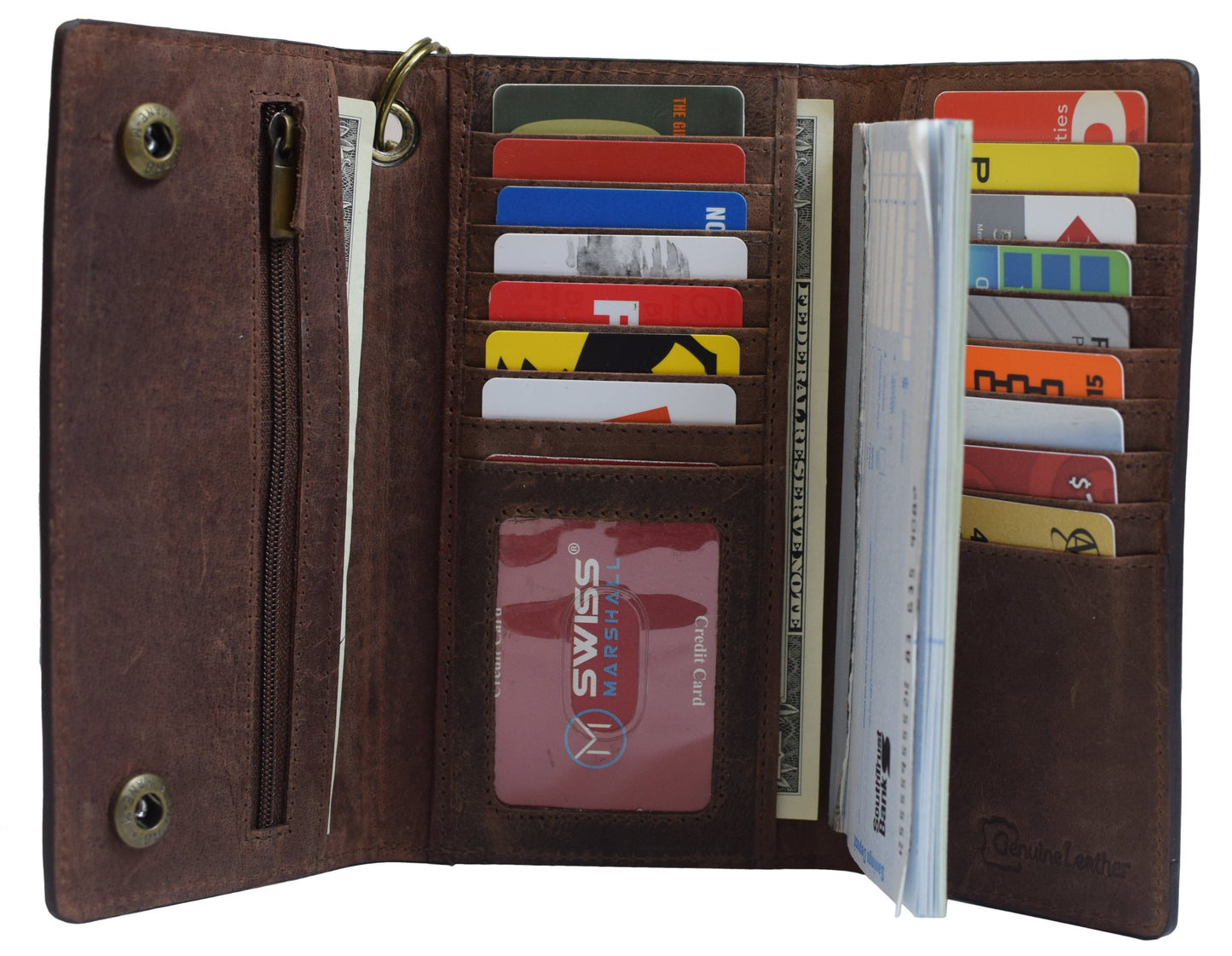 RFID Blocking Men's Vintage Brown Genuine Leather Long Tri-fold Chain Wallet