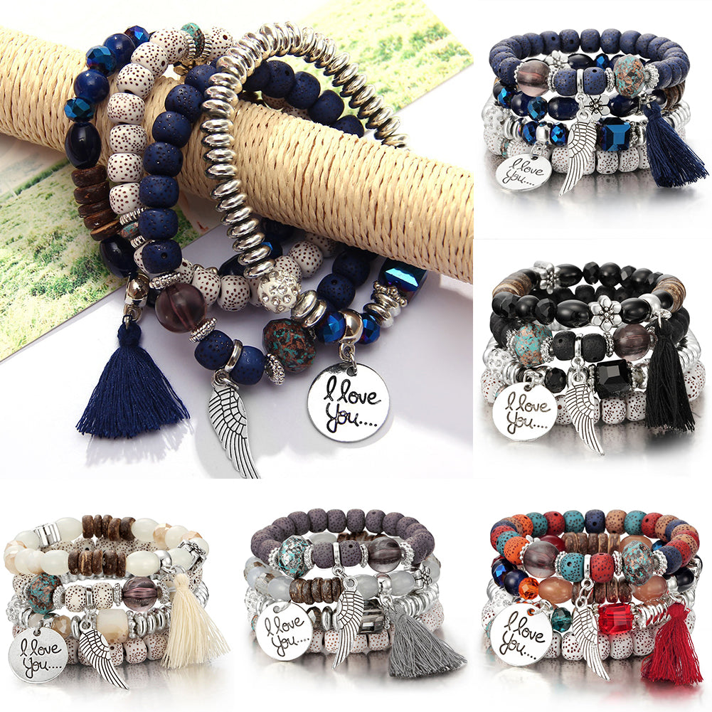 4Pcs/Set Bohemia Style Wing Beads Bracelet Bangle Jewelry Women Bracelet