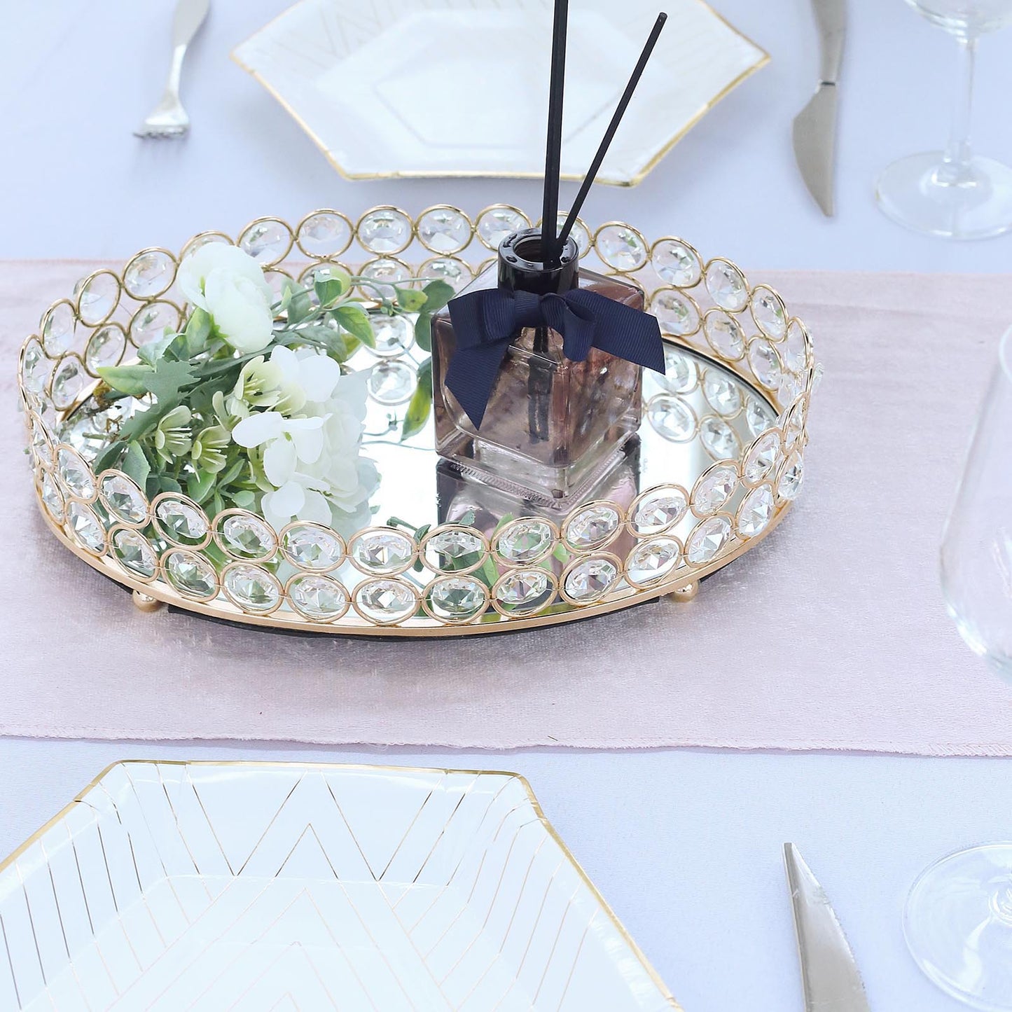 Gold Metal Crystal Beaded Decorative Serving Tray- Oval