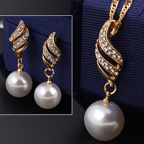 Women Faux Pearl Spiral Rhinestone  Earring & Necklace Set