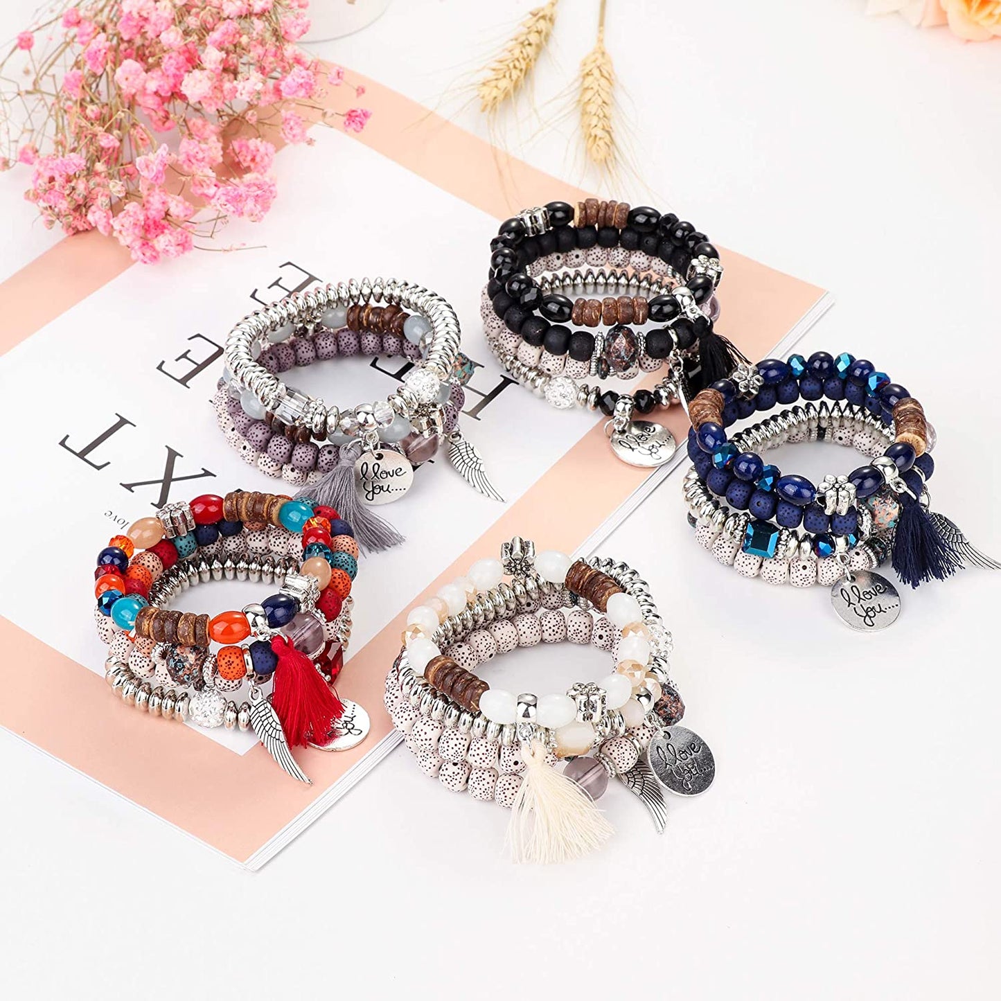 5 Set Bohemian Stretch Beaded Bangle Charm Multilayer Stackable Bracelets