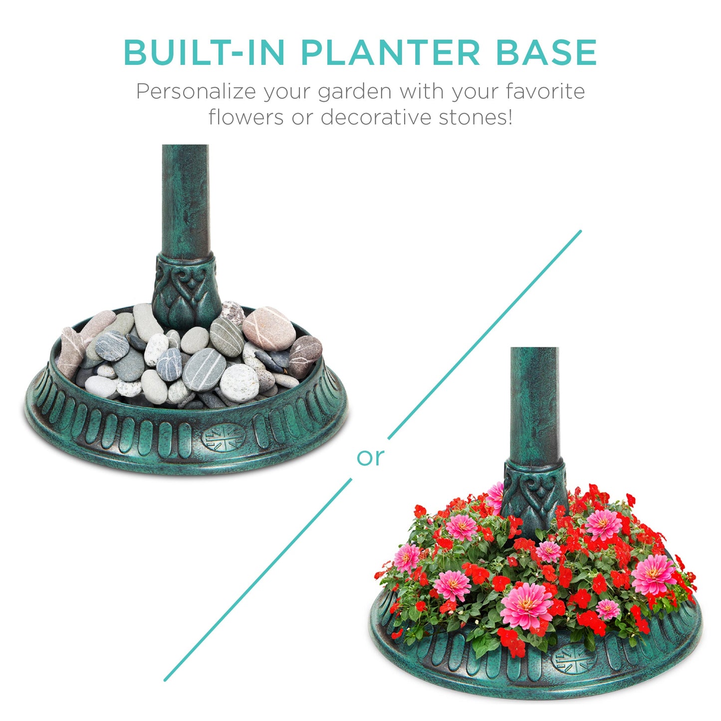 Solar Bird Bath Pedestal Fountain w/ Fillable Planter Base