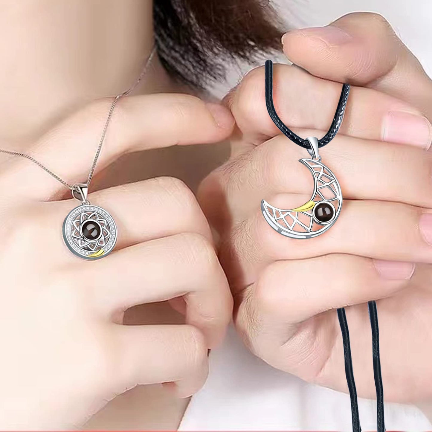 Magnetic Couple I Love You in 100 Languages Projection Romantic Sun and Moon Necklace For Couples