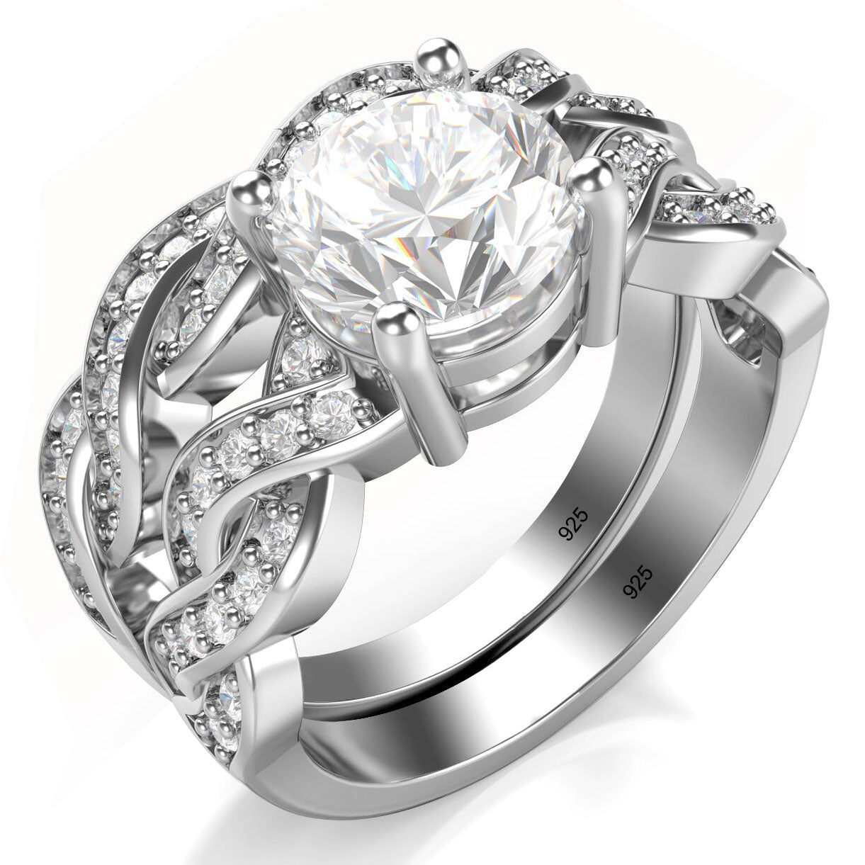 Silver 925 CZ Cubic Zirconia Infinity Wedding Engagement Ring Set