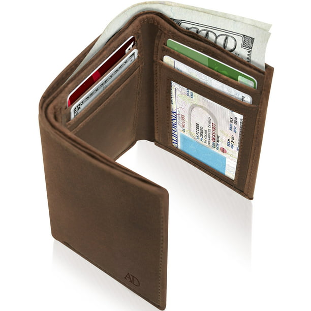 Genuine Leather Trifold Wallets For Men Brown Crazyhorse With ID Window Gifts For Men RFID Blocking