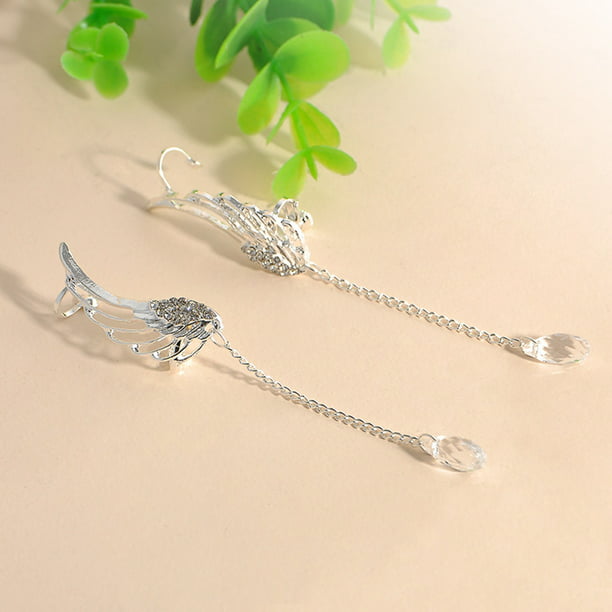 1Pair Silver Angel Wing Crystal Earrings Drop Dangle Ear Stud Clip Cuff