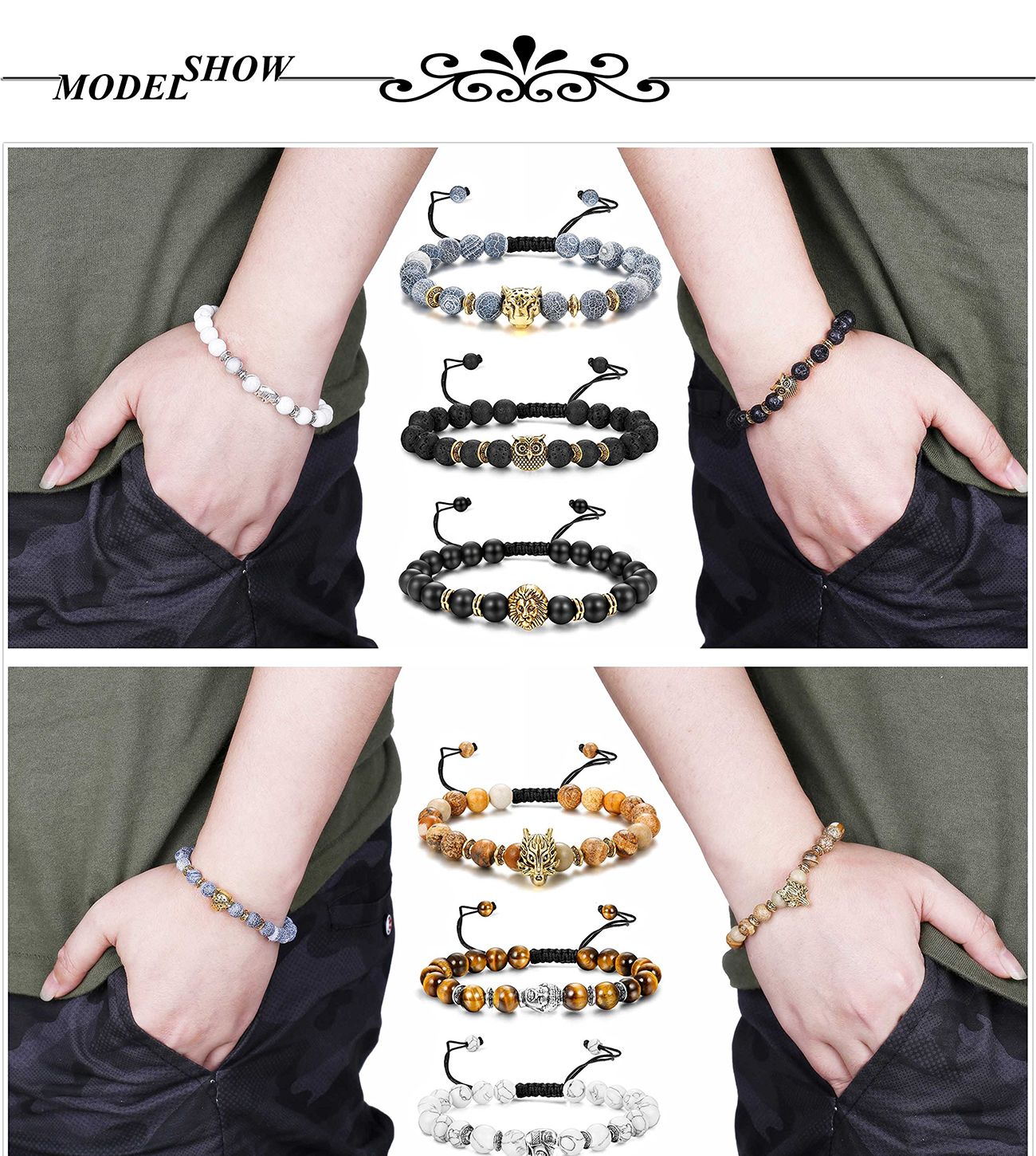 6PCS Mens Bead Bracelets Set Dragon/Lion/Panther Charm Natural Stone Bracelet, 8MM