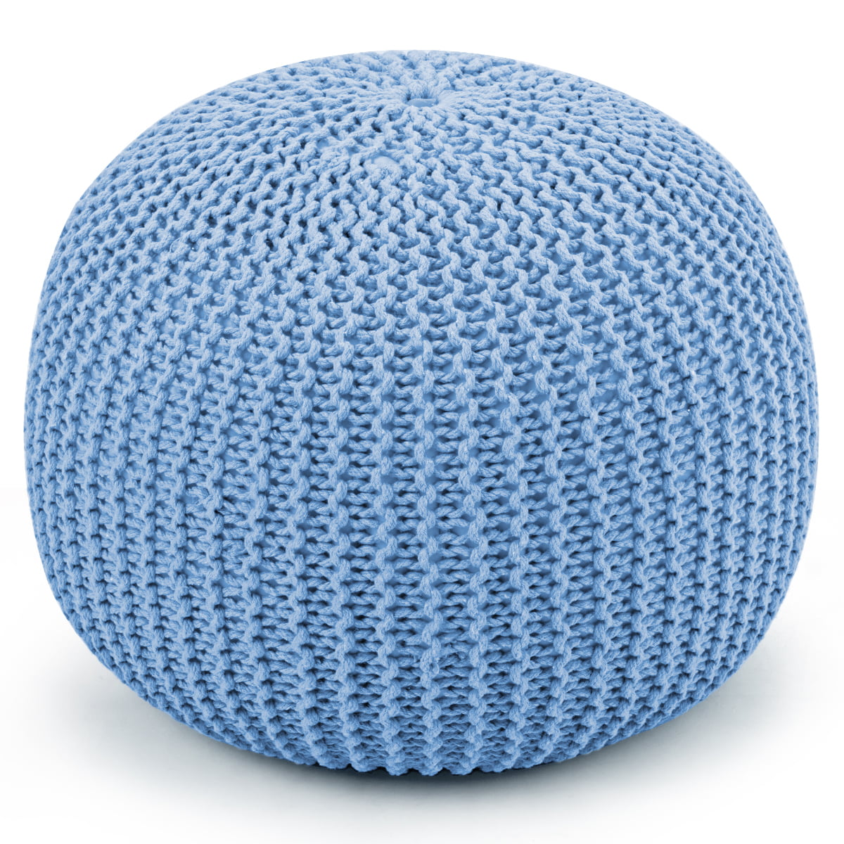 Hand Knitted Pouf Floor Ottoman Footrest Seating 100% Cotton Braid Cord Blue