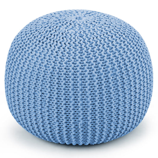 Hand Knitted Pouf Floor Ottoman Footrest Seating 100% Cotton Braid Cord Blue