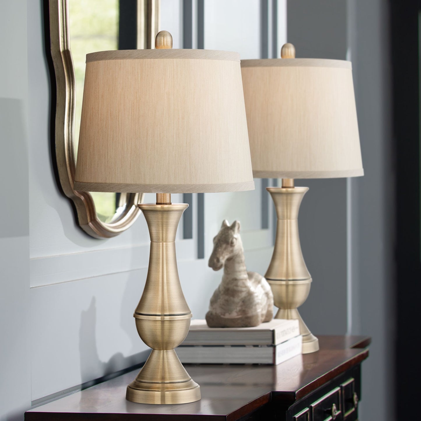 Table Lamps Set of 2 Antique Brass Metal Beige Drum Shade