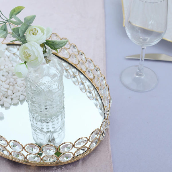 Gold Metal Crystal Beaded Decorative Serving Tray- Oval