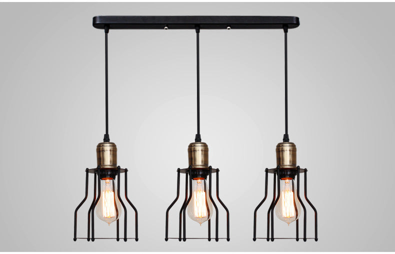 Industrial 3-Light Pendant Light w/ Metal Cage Shade, Black