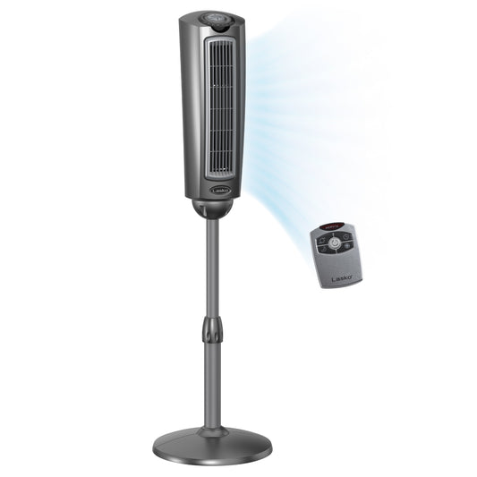 Adjustable 3-Speed Pedestal Tower Fan w/ Remote & Timer, Gray