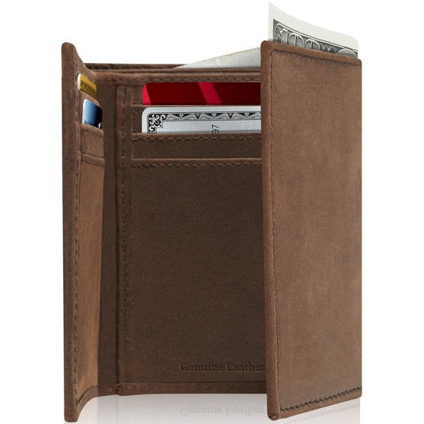 Genuine Leather Trifold Wallets For Men Brown Crazyhorse With ID Window Gifts For Men RFID Blocking