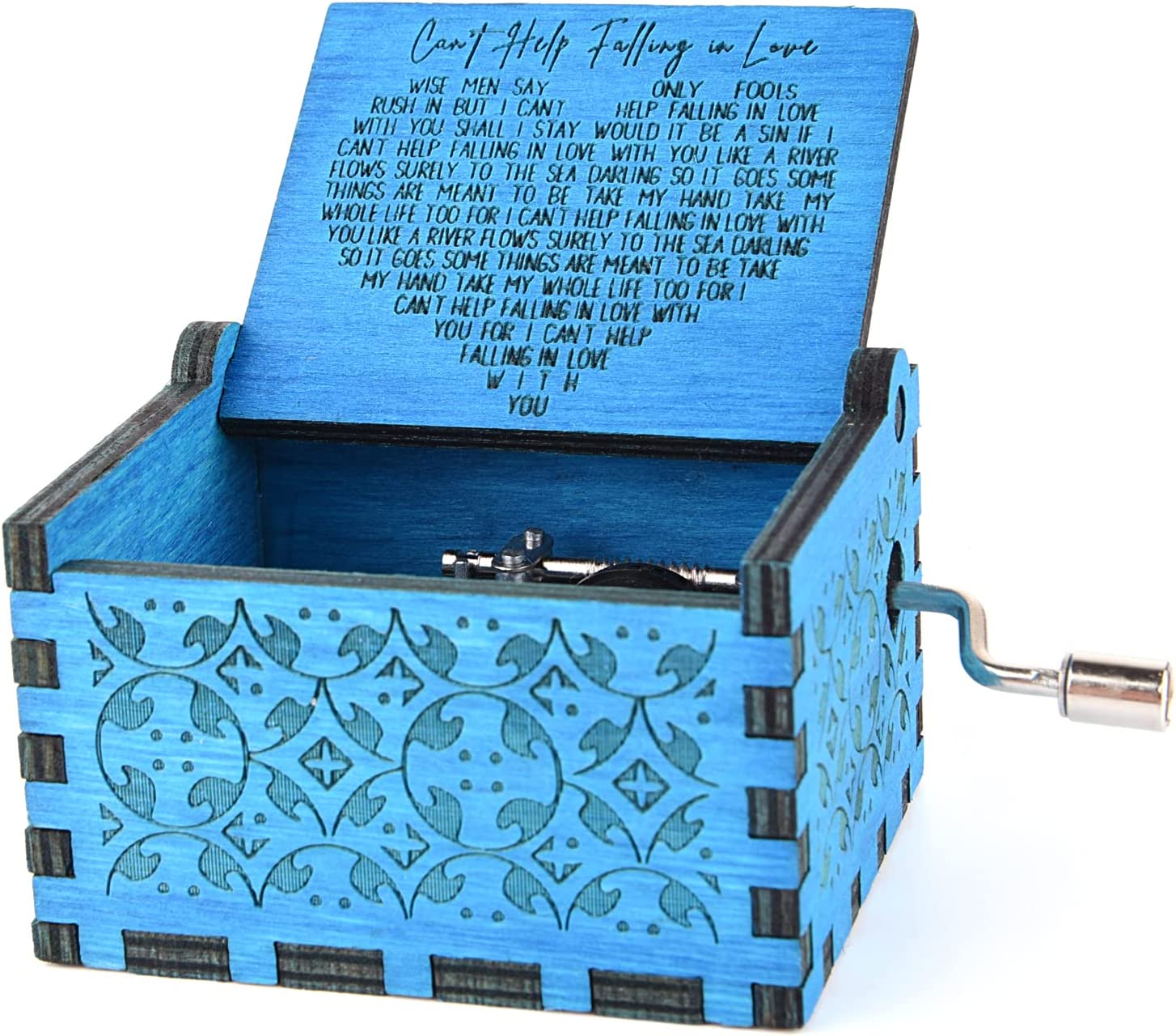 Can't Help Falling in Love Wood Music Box, Antique Engraved Best Gift for Valentines Day   (Blue)