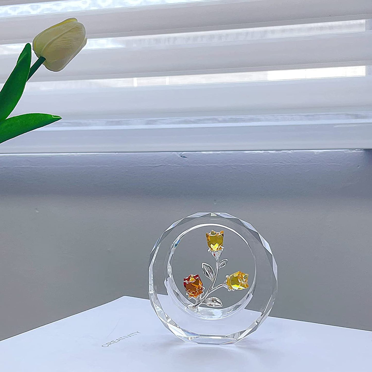 Crystal Tulips Flower Figurines with a Outer Circular Ring for Home Decoration(Yellow)