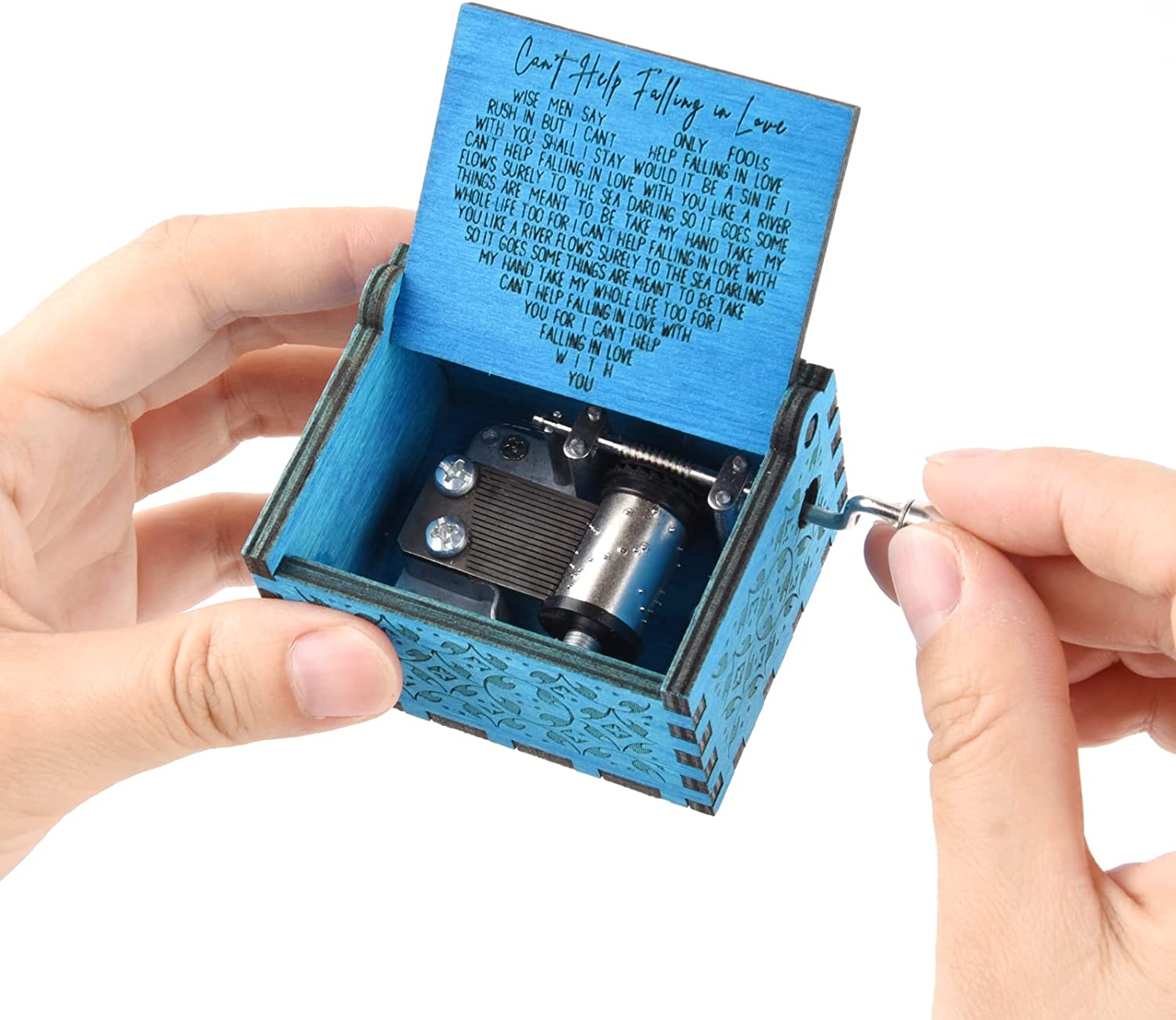 Can't Help Falling in Love Wood Music Box, Antique Engraved Best Gift for Valentines Day   (Blue)