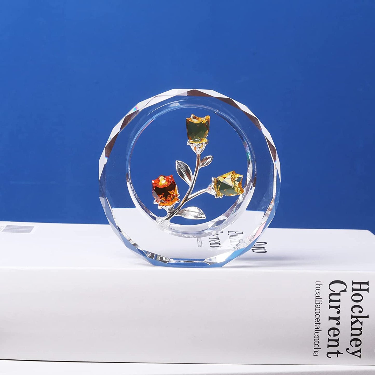 Crystal Tulips Flower Figurines with a Outer Circular Ring for Home Decoration(Yellow)