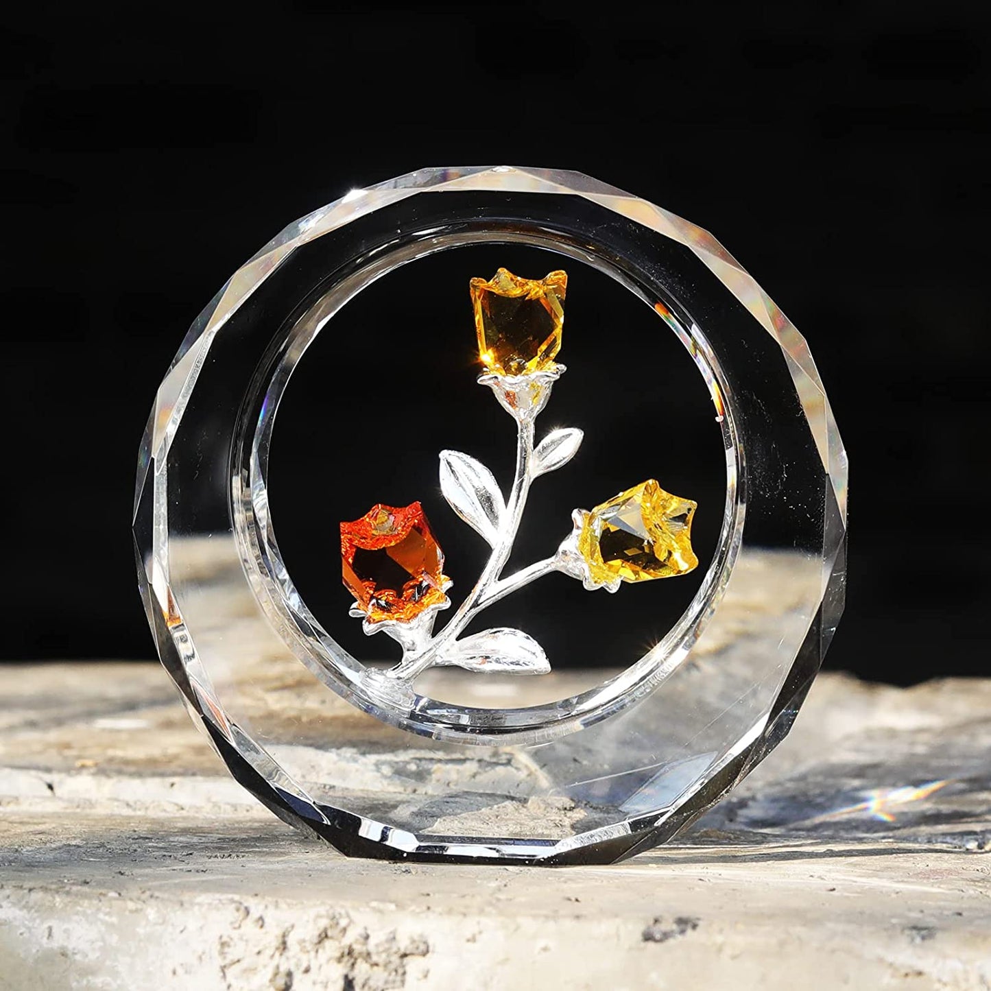 Crystal Tulips Flower Figurines with a Outer Circular Ring for Home Decoration(Yellow)