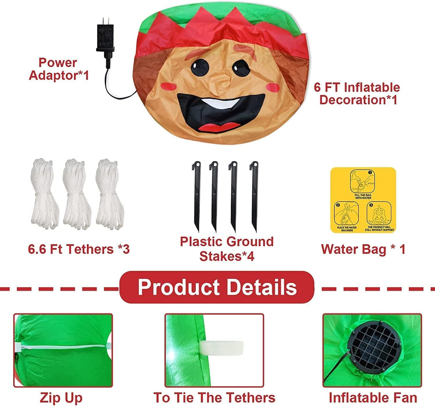 6 Ft Christmas Inflatables Elf w/  LEDs