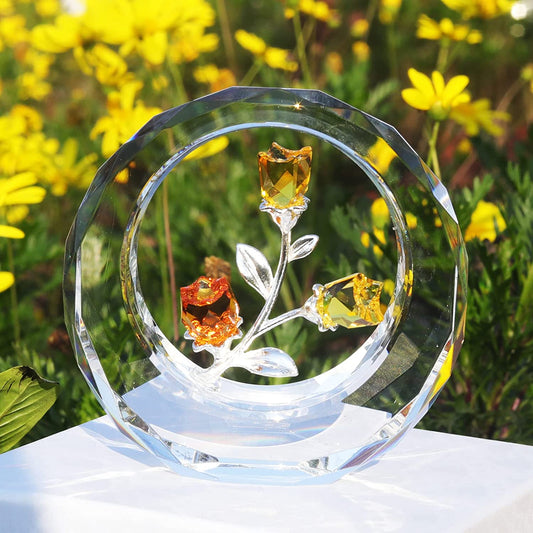 Crystal Tulips Flower Figurines with a Outer Circular Ring for Home Decoration(Yellow)